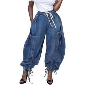 Denim Joggers Women High Waist Loose Wide Leg Pockets Casual Streetwear